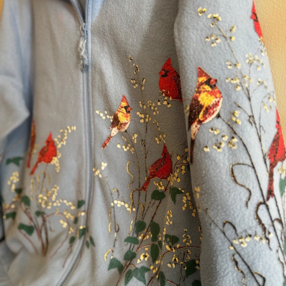 VTG Women's Blue Red Cardinal Embroidered Fleece Jacket XL Cottagecore Grandma